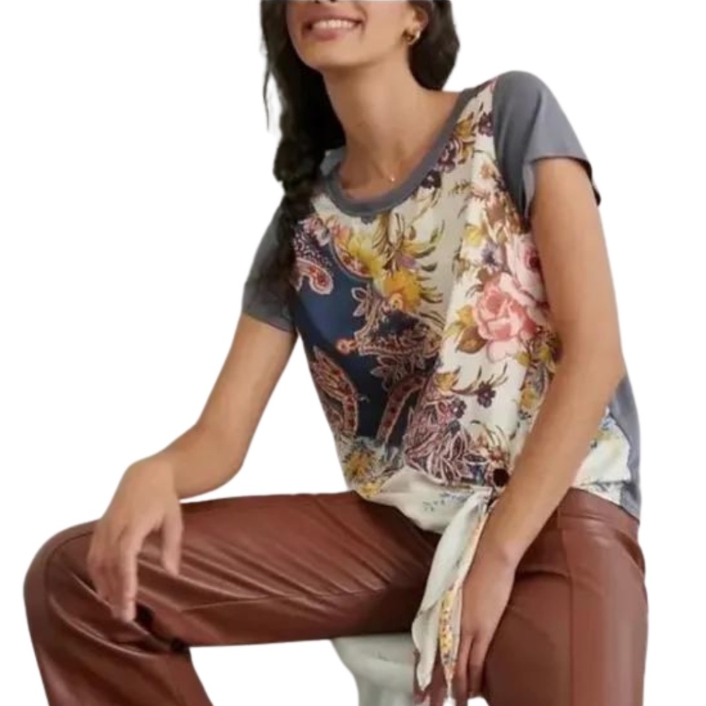Anthropologie Tiny Women's Floral Print Front Tie Blouse Top Size XS
